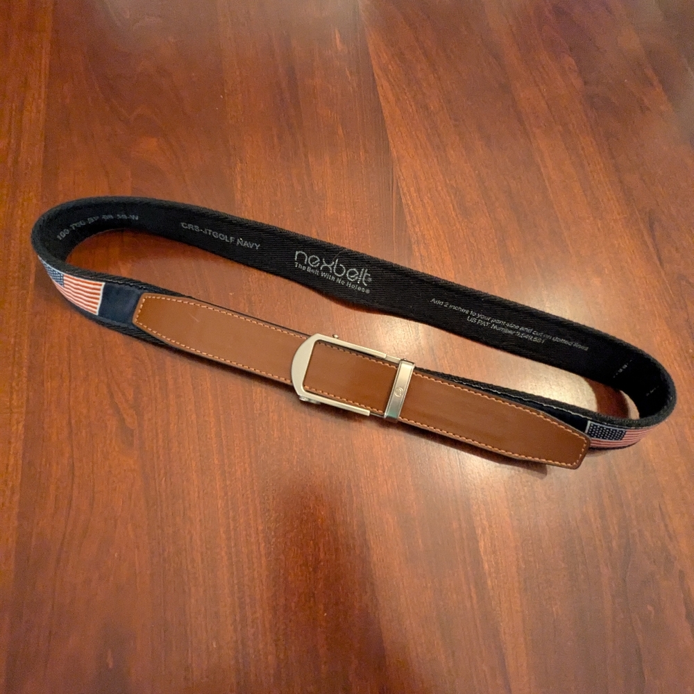Nexbelt Mens Belt. US Flag and Golf Themed, navy blue. Size up to 33" waist